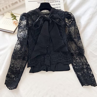 Elegáns női csipke ing hímzéssel és szalaggal