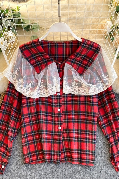 Retro stílusú kockás női ing, hosszú ujjal és tüllel