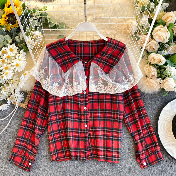 Retro stílusú kockás női ing, hosszú ujjal és tüllel