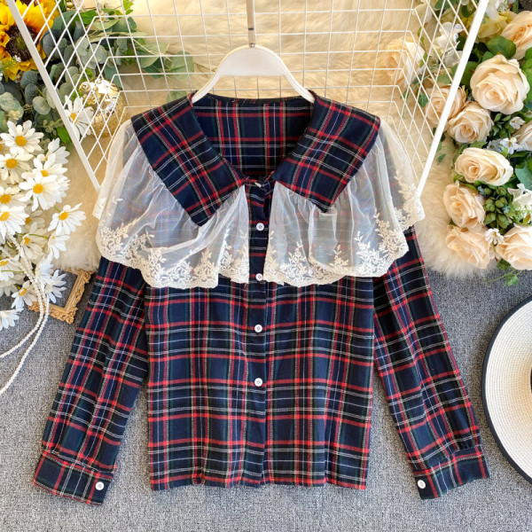 Retro stílusú kockás női ing, hosszú ujjal és tüllel