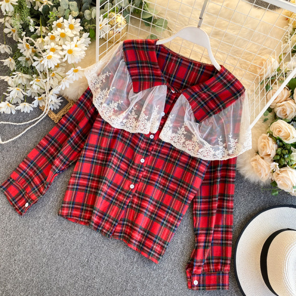 Retro stílusú kockás női ing, hosszú ujjal és tüllel