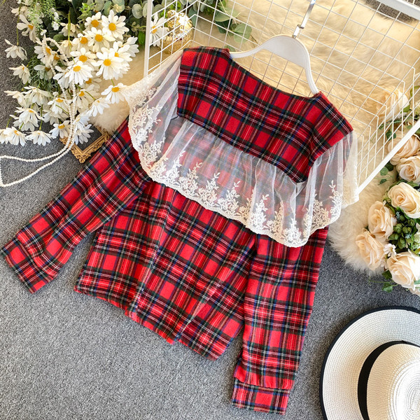 Retro stílusú kockás női ing, hosszú ujjal és tüllel