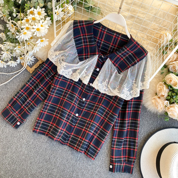 Retro stílusú kockás női ing, hosszú ujjal és tüllel