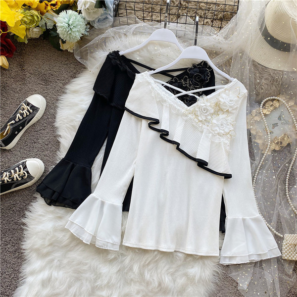 Női blúz 3D díszítéssel és spitz nyakkivágással retro stílusban