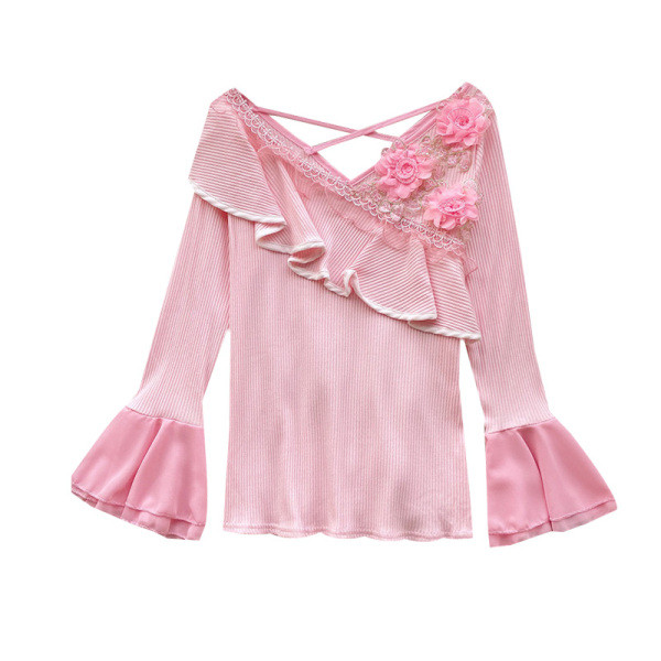 Női blúz 3D díszítéssel és spitz nyakkivágással retro stílusban