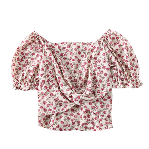 Modern női blúz négyzet alakú nyakkivágással, rövid ujjú virágos motívumokkal