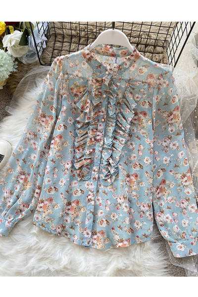 Női sifon ing retro stílusban virágmintával és hosszú ujjal