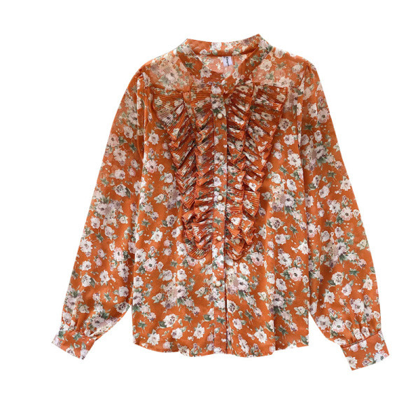 Női sifon ing retro stílusban virágmintával és hosszú ujjal