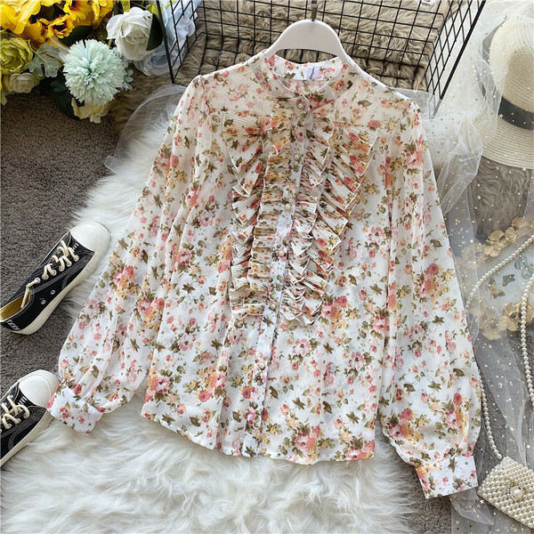 Női sifon ing retro stílusban virágmintával és hosszú ujjal