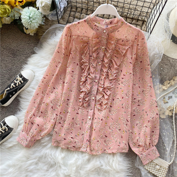 Női sifon ing retro stílusban virágmintával és hosszú ujjal