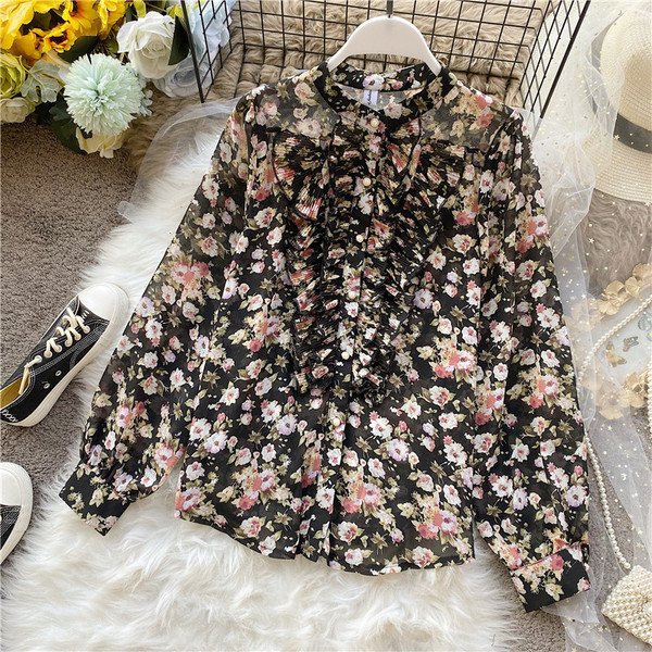 Női sifon ing retro stílusban virágmintával és hosszú ujjal