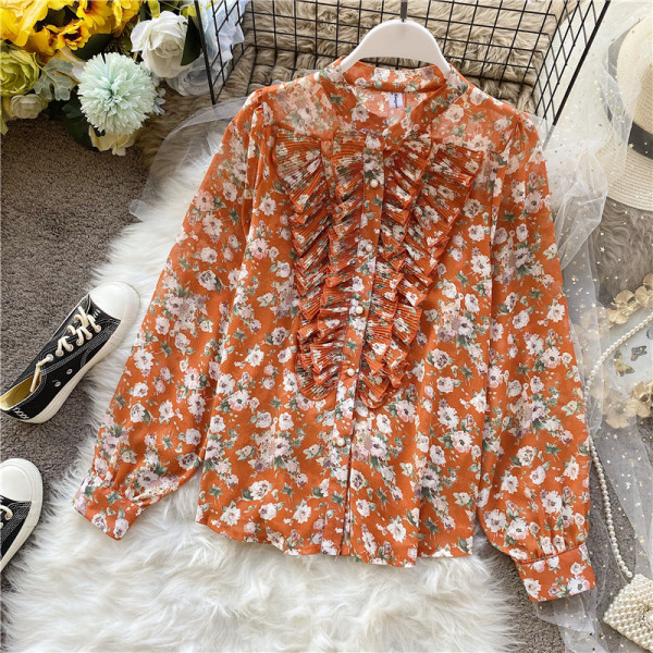 Női sifon ing retro stílusban virágmintával és hosszú ujjal