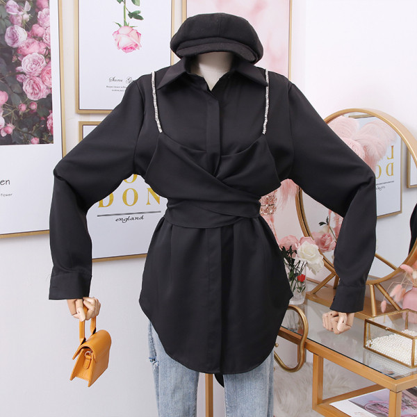 Modern női ing klasszikus gallérral, övvel és hosszú ujjal