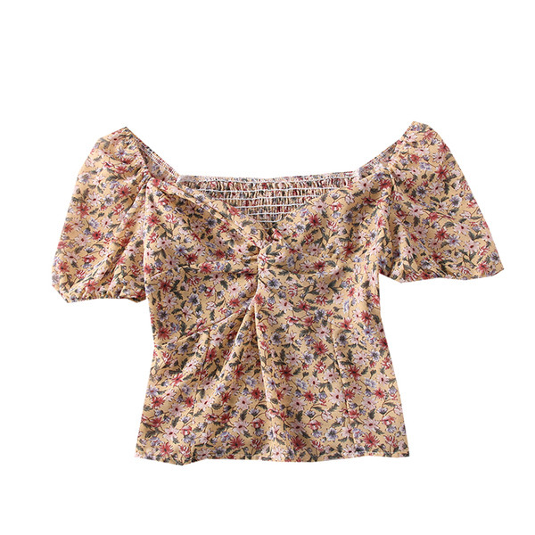 Modern női blúz rövid ujjú, spitz nyakkivágással és virágmintával