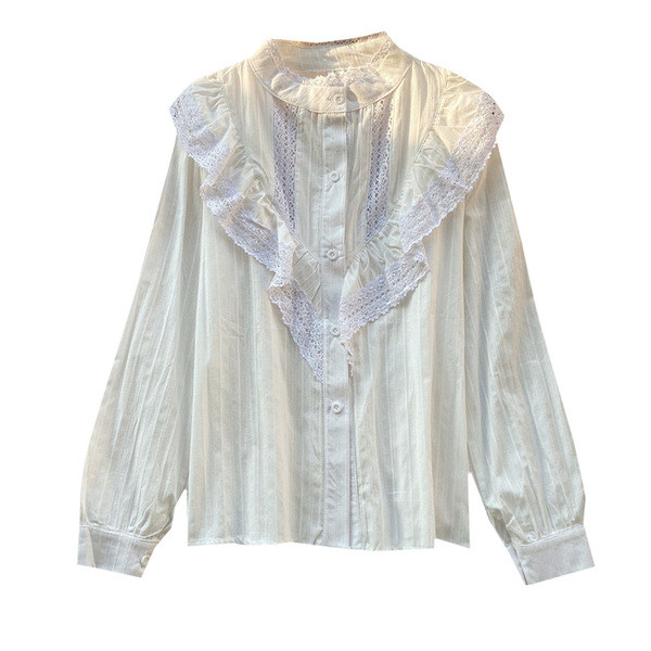 Alkalmi női ing magas gallérral, hosszú ujjal és csipkével