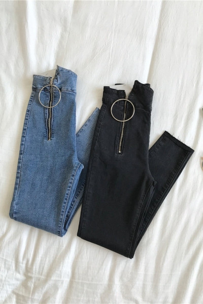 Modern női rugalmas farmernadrág magas derékkal és cipzárral