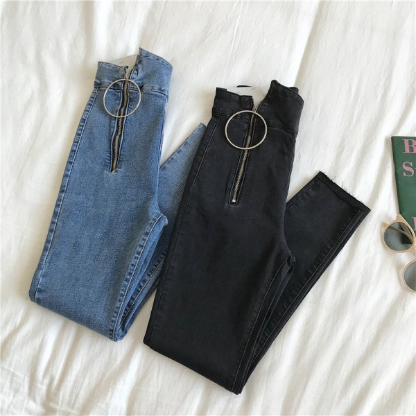 Modern női rugalmas farmernadrág magas derékkal és cipzárral