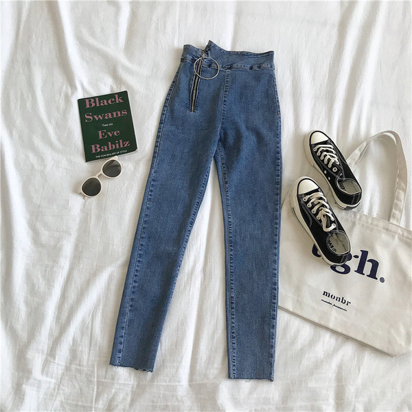 Modern női rugalmas farmernadrág magas derékkal és cipzárral