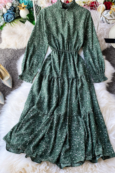 Moodne naiste šifoonist kleit kõrge krae ja elastse vöökohaga