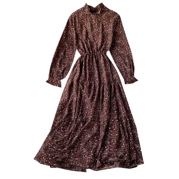 Moodne naiste šifoonist kleit kõrge krae ja elastse vöökohaga