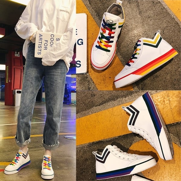 Női tavaszi-őszi tornacipő színes nyakkendőkkel, lapos talppal, fehér színben