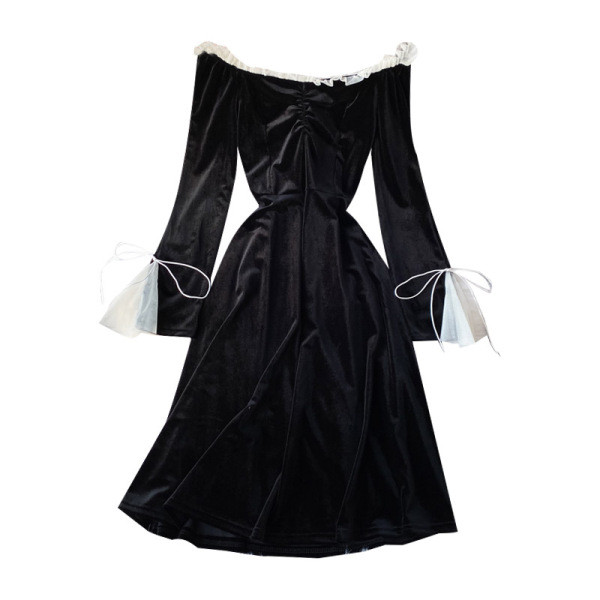 Női ruha csupasz bársony váll- és ujjkötőkkel