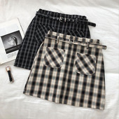 Retro stílusú kockás női szoknya zsebekkel, magas derékkal