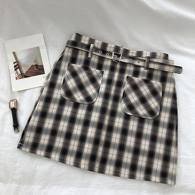 Retro stílusú kockás női szoknya zsebekkel, magas derékkal