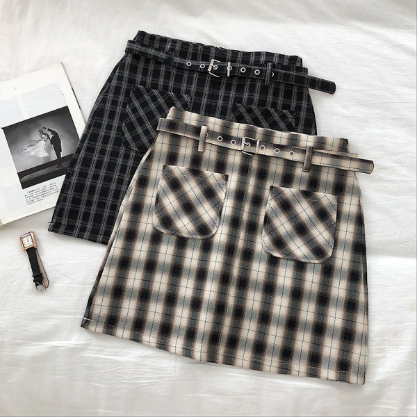 Retro stílusú kockás női szoknya zsebekkel, magas derékkal