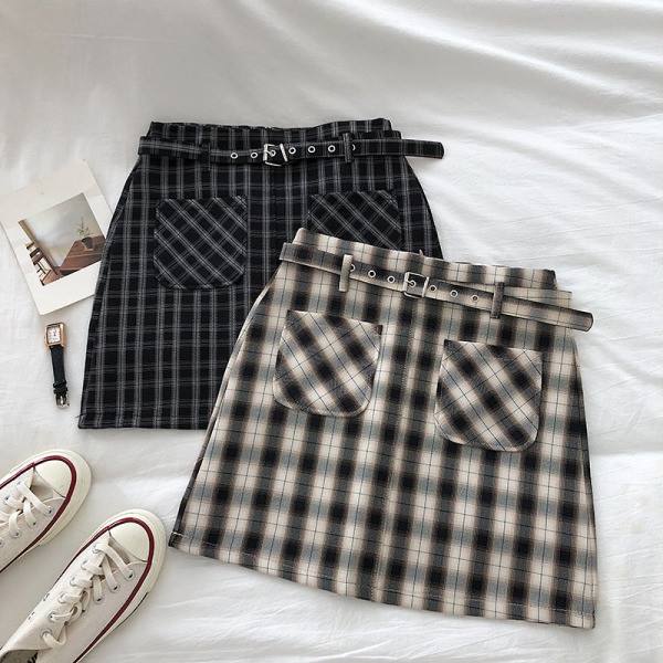 Retro stílusú kockás női szoknya zsebekkel, magas derékkal