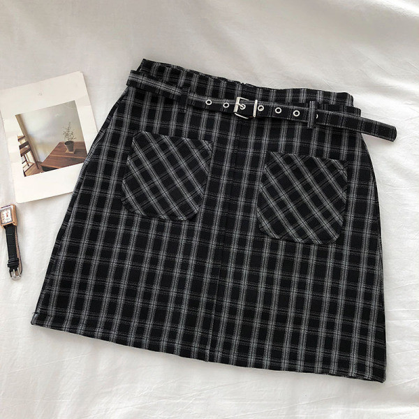 Retro stílusú kockás női szoknya zsebekkel, magas derékkal