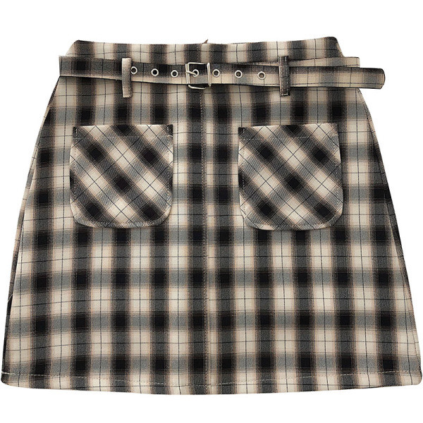 Retro stílusú kockás női szoknya zsebekkel, magas derékkal