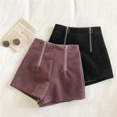 Bársony női rövidnadrág magas derékkal és cipzárral