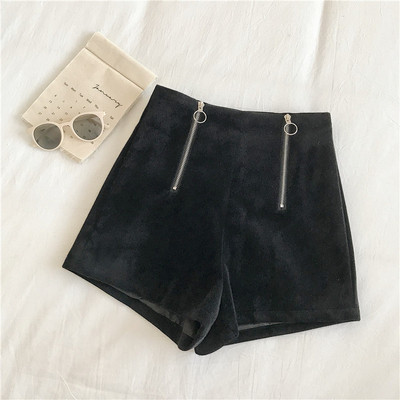 Bársony női rövidnadrág magas derékkal és cipzárral