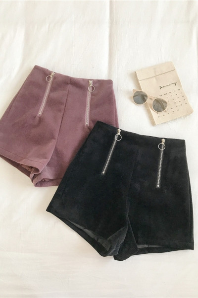 Bársony női rövidnadrág magas derékkal és cipzárral