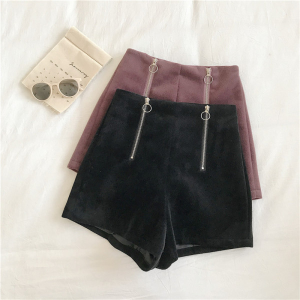 Bársony női rövidnadrág magas derékkal és cipzárral