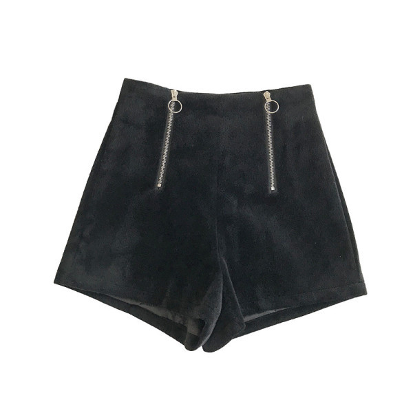 Bársony női rövidnadrág magas derékkal és cipzárral