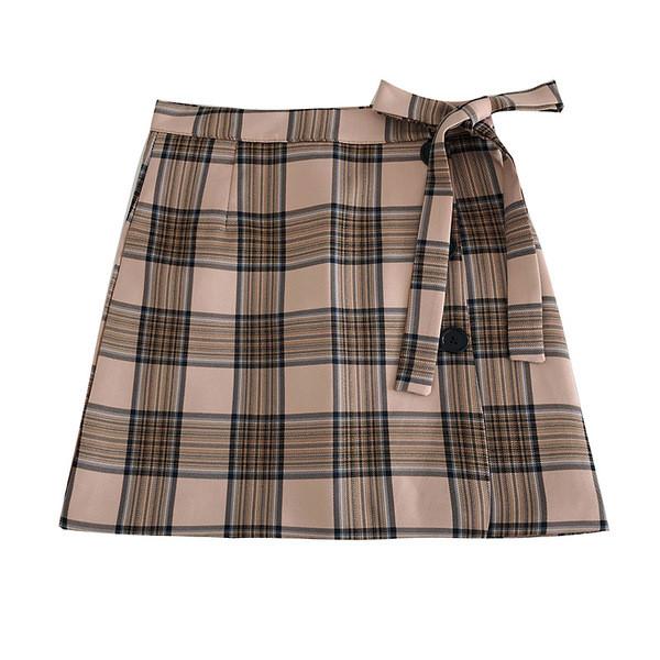 Kockás női szoknya magas derékkal, megkötővel
