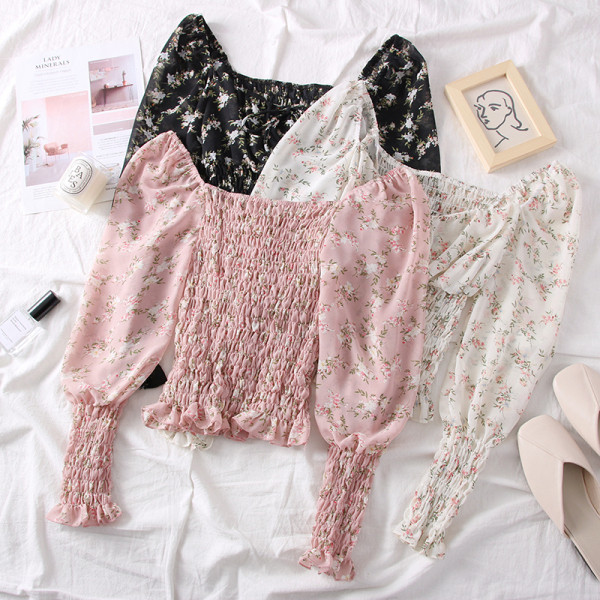 Női blúz csupasz váll, hosszú ujjú, virágos motívumokkal