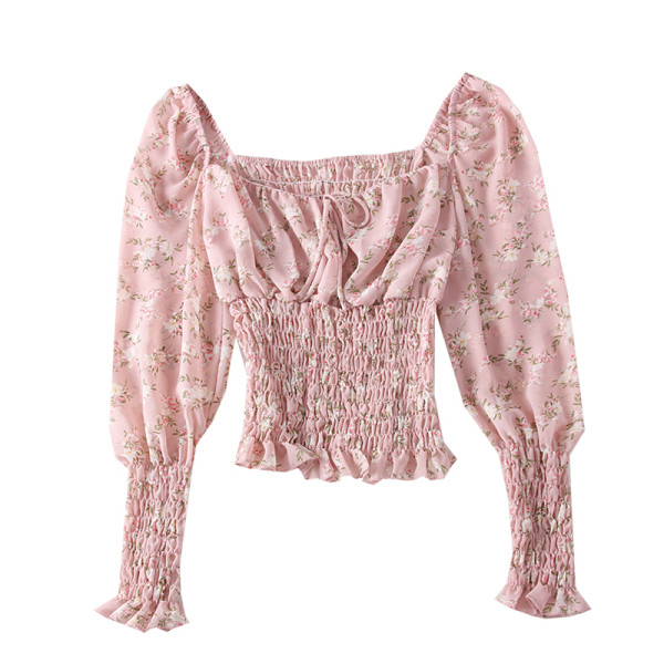 Női blúz csupasz váll, hosszú ujjú, virágos motívumokkal