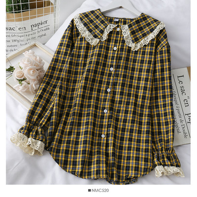 Modern női kockás ing gombokkal, csipkével és hosszú ujjú