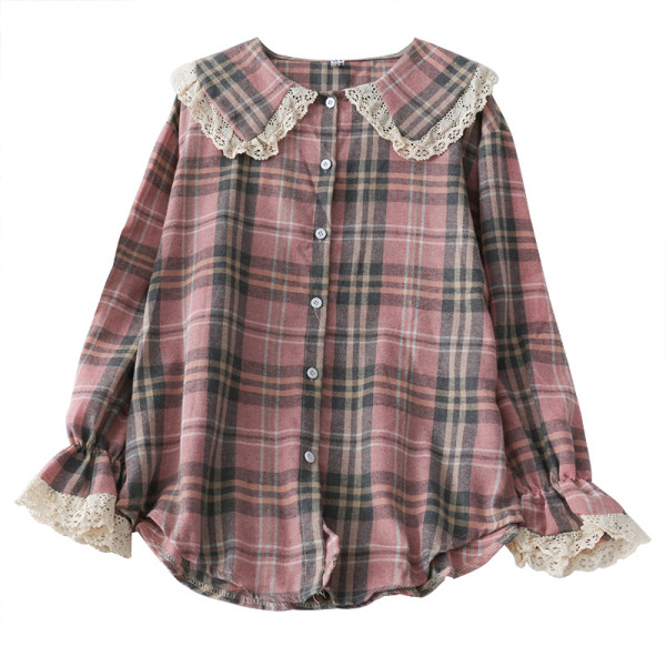 Modern női kockás ing gombokkal, csipkével és hosszú ujjú