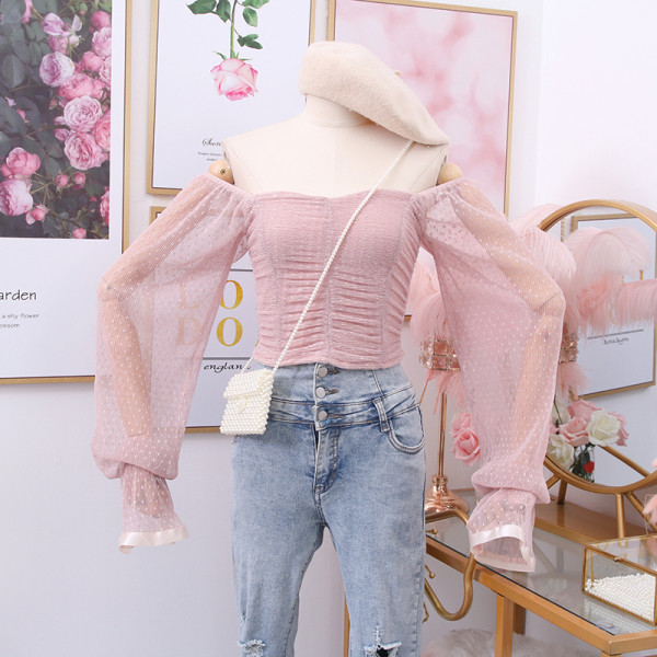 Γυναικείες μπλούζες πουά με  λωτού με μανίκια και τούλι 