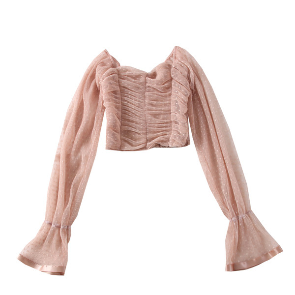 Γυναικείες μπλούζες πουά με  λωτού με μανίκια και τούλι 