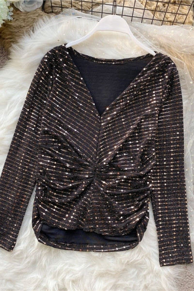 Särava efektiga ja spitsikaelusega moodne naiste pluus