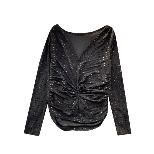 Särava efektiga ja spitsikaelusega moodne naiste pluus