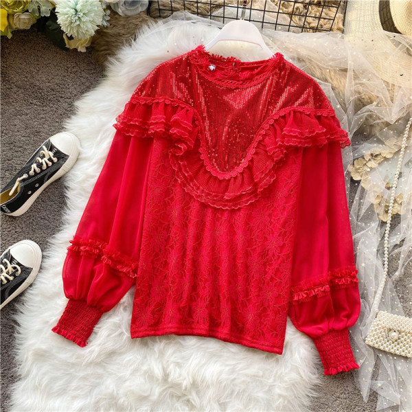 Modern női ing magas gallérral és csipkével