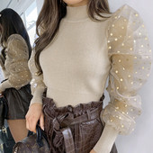 Lezser női blúz magas gallérral és széles tüll ujjakkal