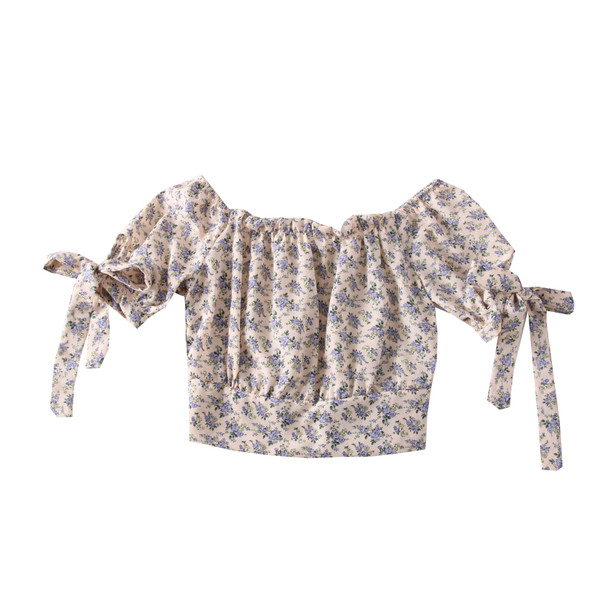 Női blúz csupasz váll, rövid ujjú, virágos motívumokkal