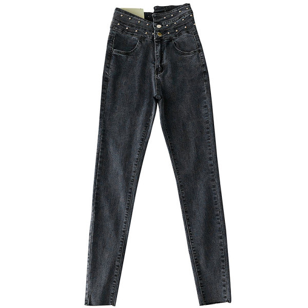 Aktuális női farmer Karcsú modell magas derékkal és zsebekkel